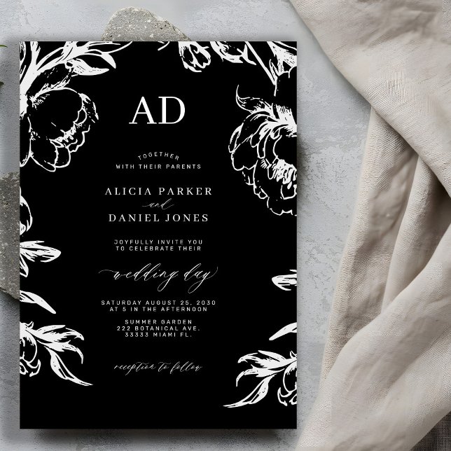 Convite Casamento floral preto elegante (Criador carregado)