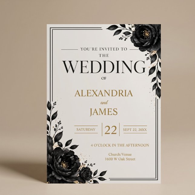 Convite Casamento Floral Preto Elegante (Criador carregado)