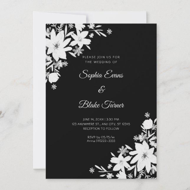 Convite Casamento Floral Preto Flores Brancas Românticas (Frente)