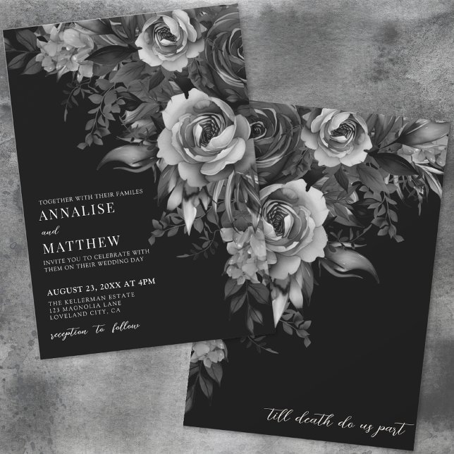 Convite Casamento Floral Preto Gótico (Floral Black Gothic Wedding Invitation)
