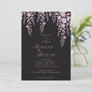 Convite Casamento Floral Preto Lavanda Bege Macio Elegante