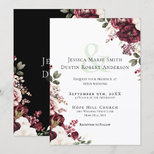 Convite Casamento Floral Preto Moderno Burgundy Blush