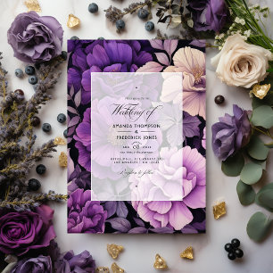 Convite Casamento Floral Preto, Prata e Roxo Escuro