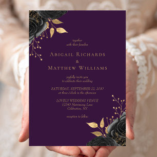 Convite Casamento Floral Preto Romântico Dourado Roxo