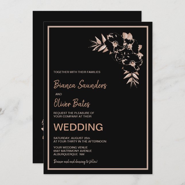 Convite Casamento Floral Preto-Rosa Esbranquiçado (Frente/Verso)