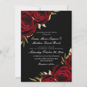 Convite Casamento Floral Preto Rosa Vermelha Dourada