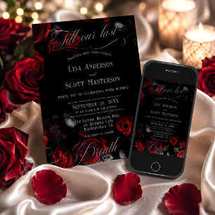 Convite Casamento Floral Preto Vermelho Romântico Elegante