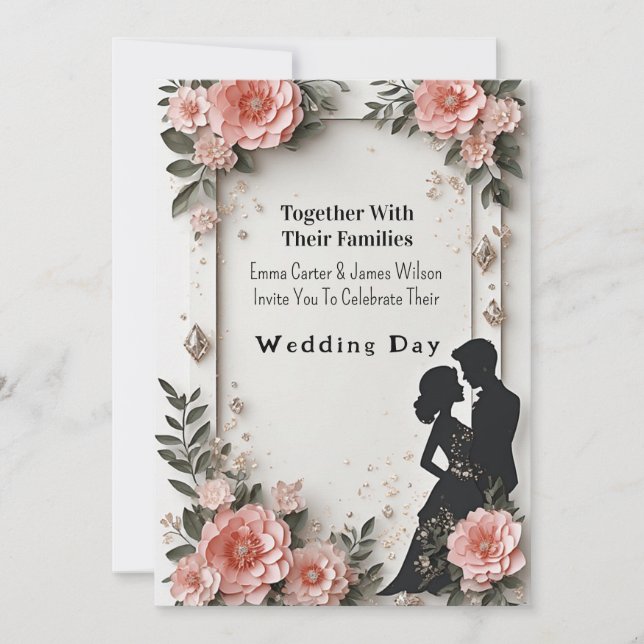 Convite 🌹 Casamento Floral Primavera com Casal Peach 💐 (Frente)