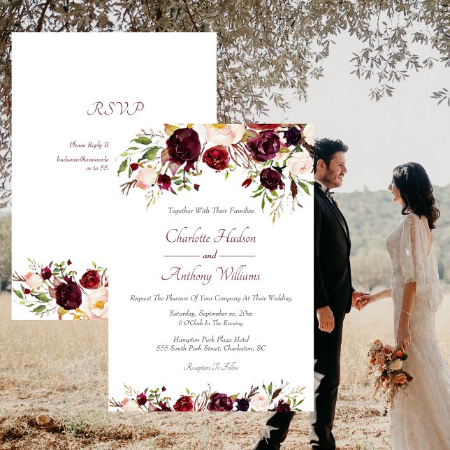 Convite Casamento Floral Profundo Burgundy com RSVP (Deep Burgundy Floral Wedding Invitation)