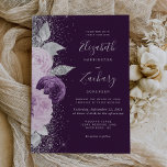 Convite Casamento Floral Profundo de Prata Roxo<br><div class="desc">O canto esquerdo deste elegante convite para casamento moderno apresenta um buquê floral em tons de roxo e lavanda, aparado com folha de falso prateado e folhagem falsa e aspergido com brilho de prata. O texto personalizável combina o script de escrita manual de cinzas prateadas pálidas, fontes em copperplate e...</div>