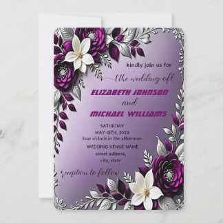 Convite Casamento Floral Profundo de Prata Roxo