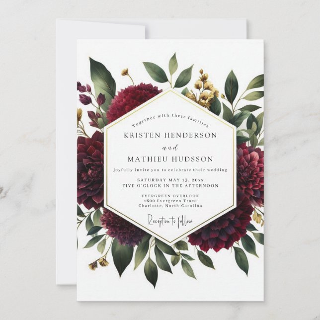 Convite Casamento Floral Profundo Vermelho Caprichoso (Frente)