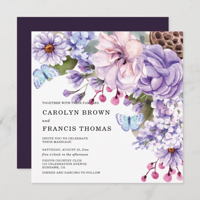 Convite Casamento Floral Purple Watercolor (Frente/Verso)