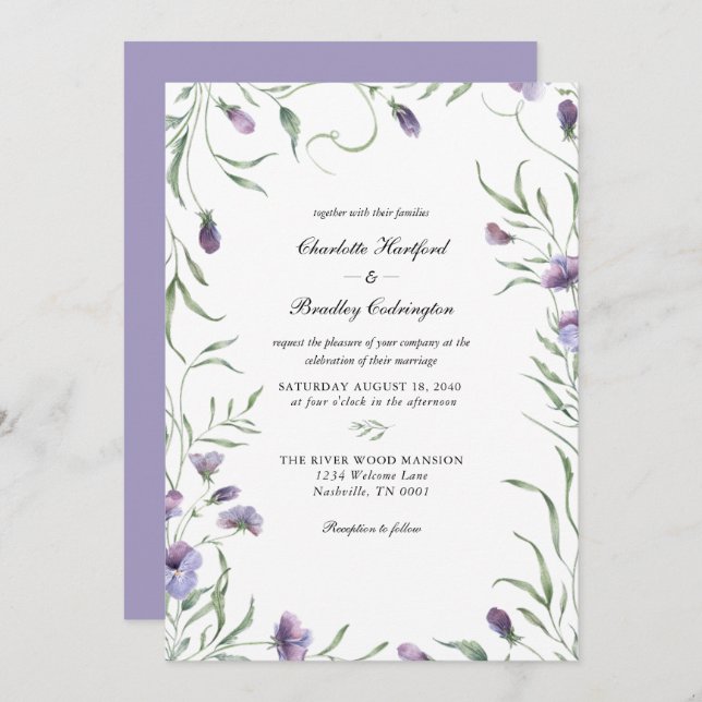 Convite Casamento Floral Purple Whimsy (Frente/Verso)