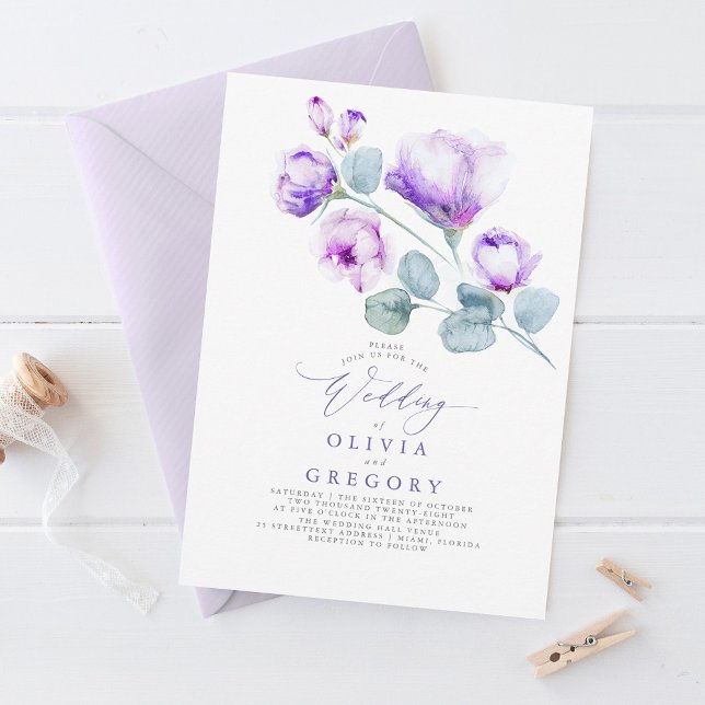 Convite Casamento Floral Púrpura Botânica Elegante Moderna (Elegant Purple Flowers Wedding Invitation)