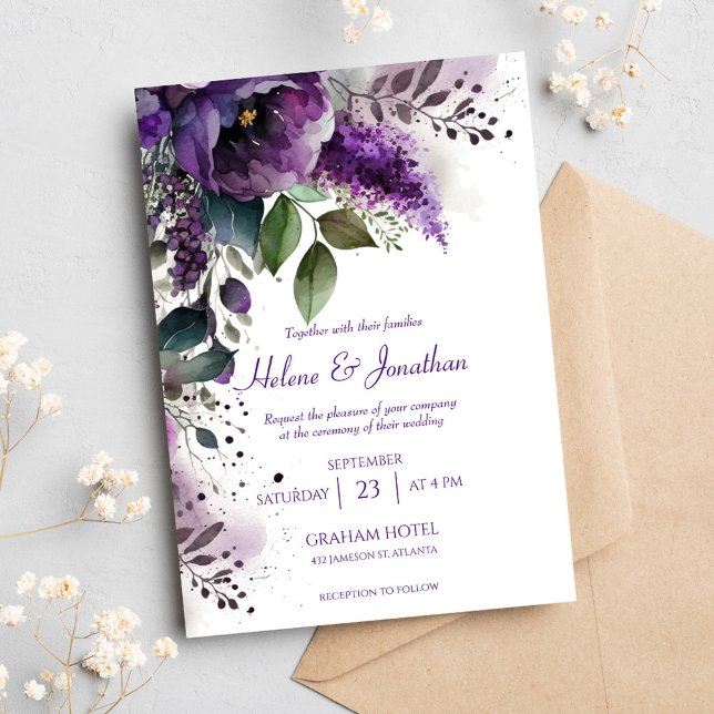 Convite Casamento Floral Púrpura Botânica Moderna Elegante (Modern Elegant Botanical Purple Floral Wedding Invitation)