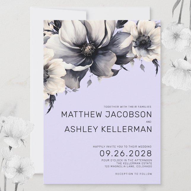 Convite Casamento Floral Púrpura De Aquarela Moderna Chic (Chic Modern Lilac Lavender Purple Floral Wedding Invitation)