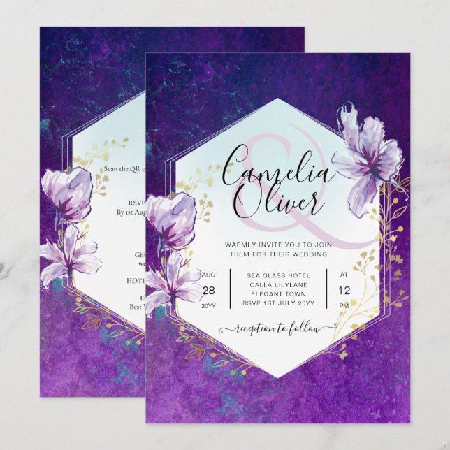 Convite Casamento Floral Púrpura de Plum All-in-1 (Frente/Verso)