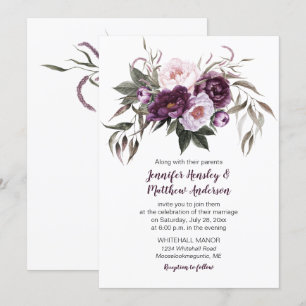 Convite Casamento Floral Púrpura de Plum Pink Watercolor #