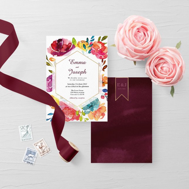 Convite Casamento floral púrpura elegante de Verão brilhan (Criador carregado)