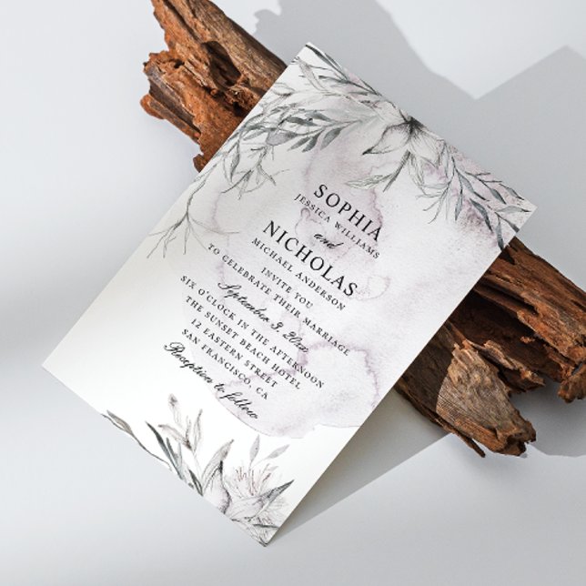 Convite Casamento floral púrpura empoeirado de cor aquosa  (Criador carregado)