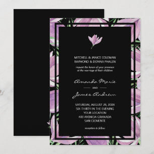 Convite Casamento Floral Púrpura Preta Elegante