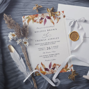 Convite Casamento Floral QR Code Bege Laranja Dourado Rúst