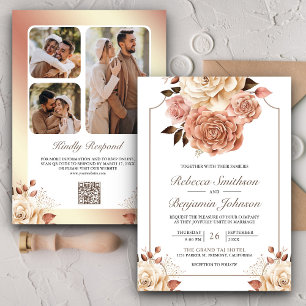 Convite Casamento Floral QR Code Boho Rústico Dourado Rosa