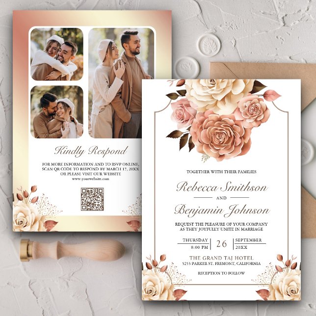 Convite Casamento Floral QR Code Boho Rústico Dourado Rosa (Criador carregado)
