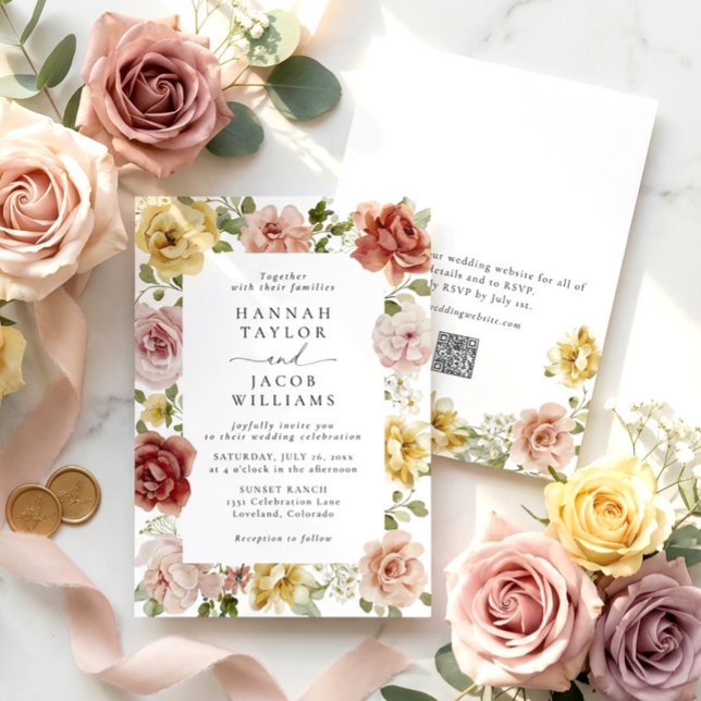 Convite Casamento Floral QR Code Verão (Criador carregado)