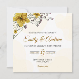 Convite Casamento Floral Quadrado Aquarela Amarela Daisy