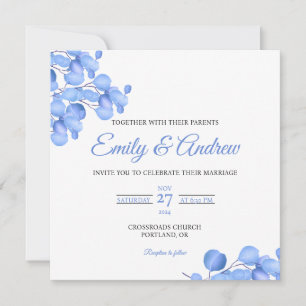 Convite Casamento Floral Quadrado Aquarela Azul