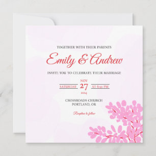 Convite Casamento Floral Quadrado Aquarela Cor-de-Rosa