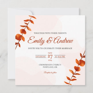 Convite Casamento Floral Quadrado Aquarela Folha Caule Fer