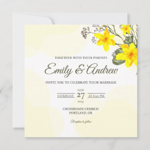 Convite Casamento Floral Quadrado Aquarela Lírio Amarelo