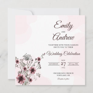 Convite Casamento Floral Quadrado de Aguarela Botânica Ros