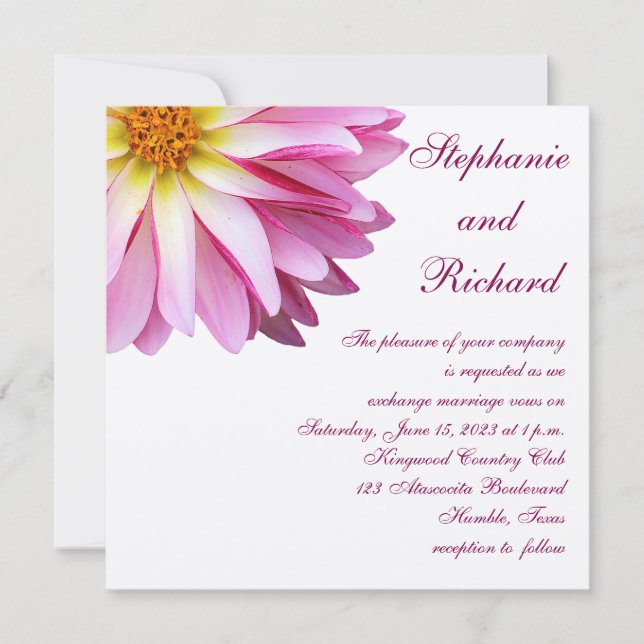 Convite Casamento Floral Quadrado de Dália Rosa Quente  (Frente)