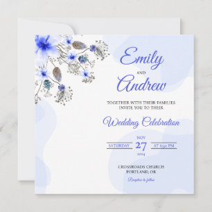 Convite Casamento Floral Quadrado em Aquarela Botânica Azu