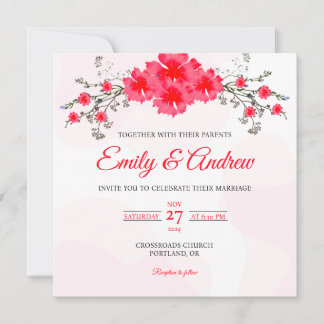 Convite Casamento Floral Quadrado em Aquarela Cosmos Rosa