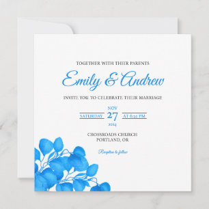 Convite Casamento Floral Quadrado em Aquarela Folha Ciano