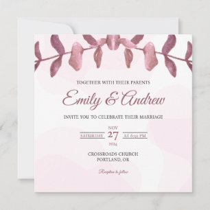 Convite Casamento Floral Quadrado em Aquarela Folha Malva