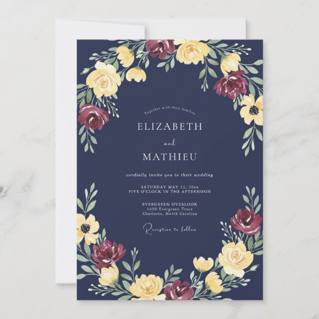 Convite Casamento Floral Radiante Azul-Marinho (Frente)