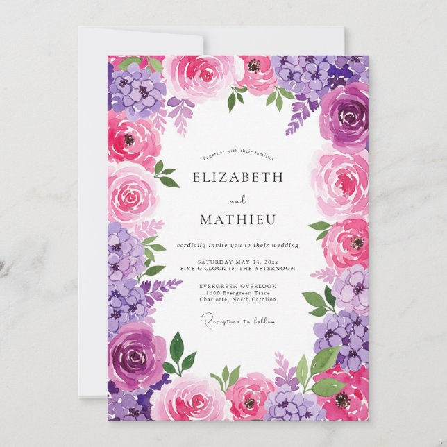Convite Casamento Floral Radiante de Lavanda Rosa (Frente)