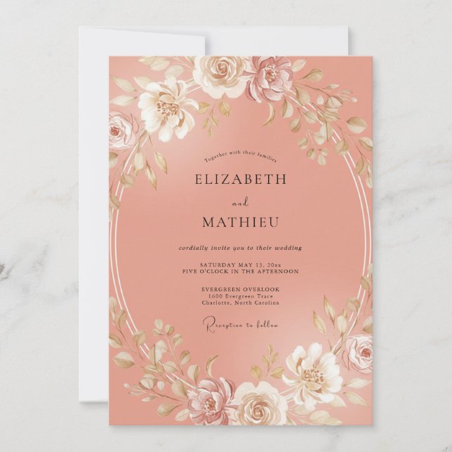 Convite Casamento Floral Radiante de Pêssego (Frente)