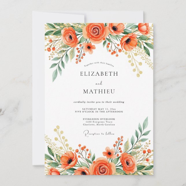 Convite Casamento Floral Radiante Laranja (Frente)