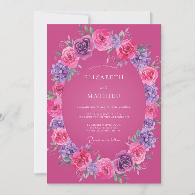 Convite Casamento Floral Radiante Magenta (Frente)