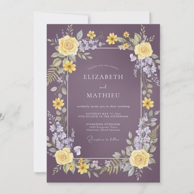 Convite Casamento Floral Radiante Roxo Empoeirado (Frente)
