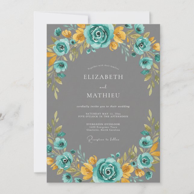 Convite Casamento Floral Radiante Turquesa (Frente)