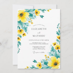 Convite Casamento Floral Radioso em Amarelo e Azul Turques
