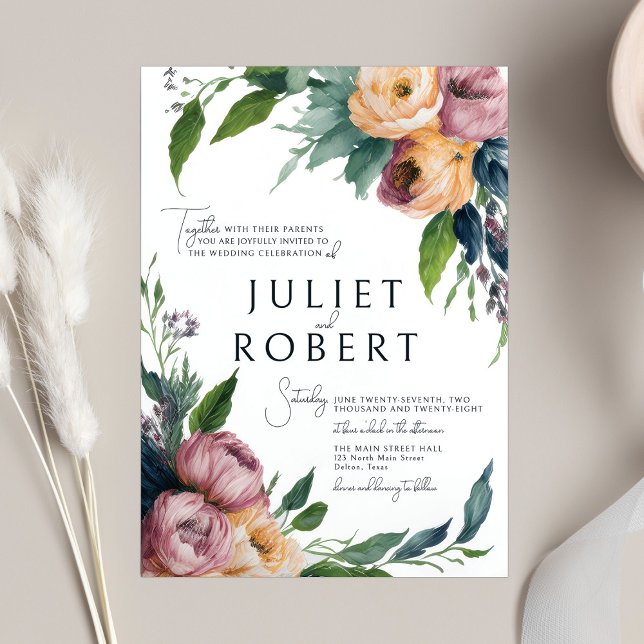 Convite Casamento Floral Ranunculus Laranja Elegante Rosa (Criador carregado)